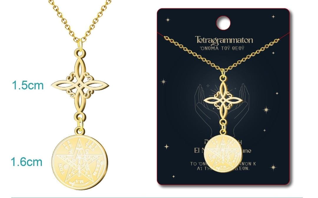 Colgante Doble Protección Dorado – Nudo de Bruja y Tetragrammaton