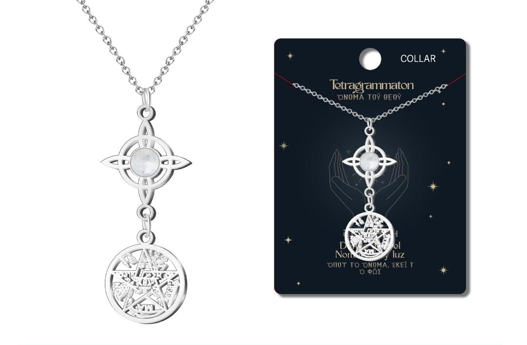 Colgante Doble Protección – Nudo de Bruja, Tetragrammaton y pierda Cuarzo Blanco