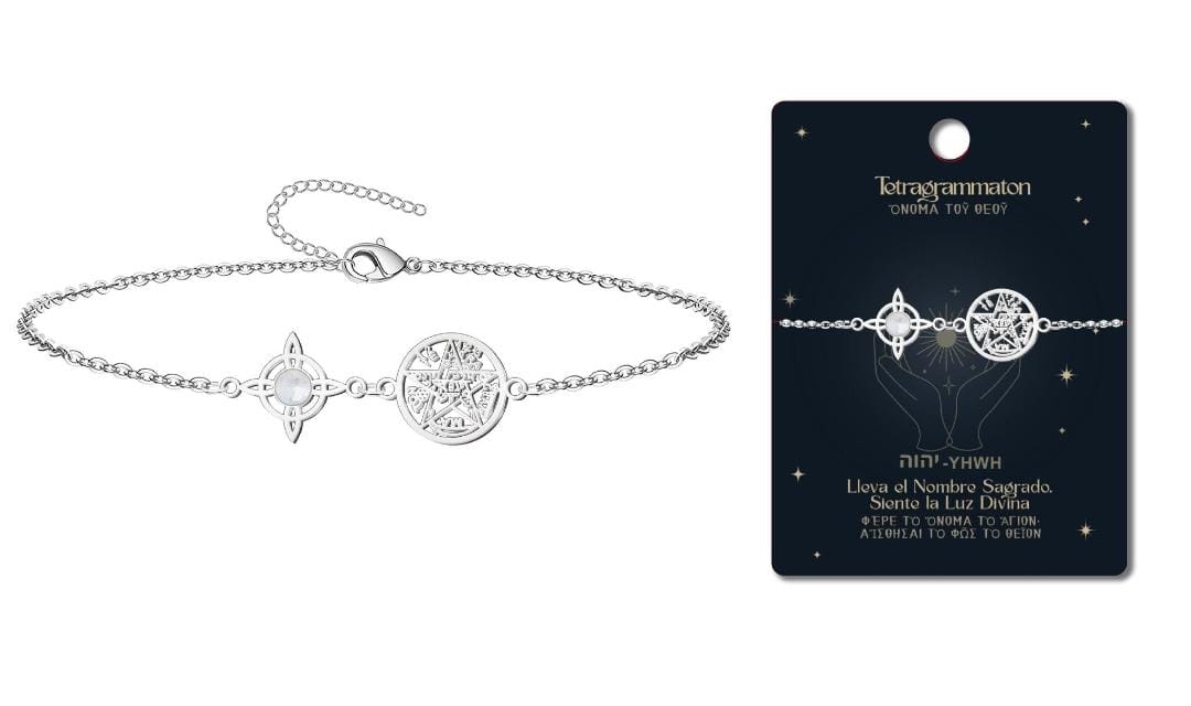 Pulsera Doble Protección – Nudo de Bruja, Tetragrammaton y pierda Cuarzo Blanco